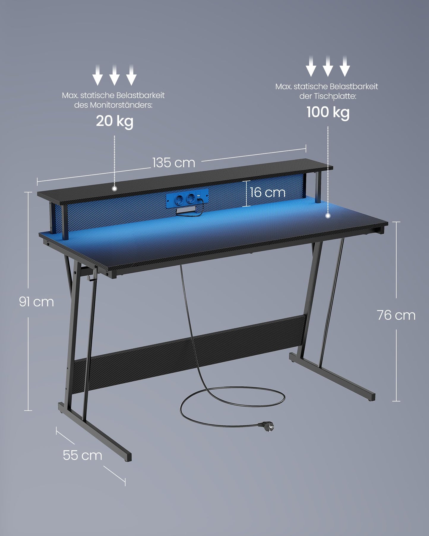 VASAGLE Schreibtisch, Gaming Tisch mit eingebauter Steckdosenleiste, Computertisch, mit Monitorständer für 2 Monitore, Schlafzimmer, 60 x 120 x 76 cm, rußschwarz LWD192B02