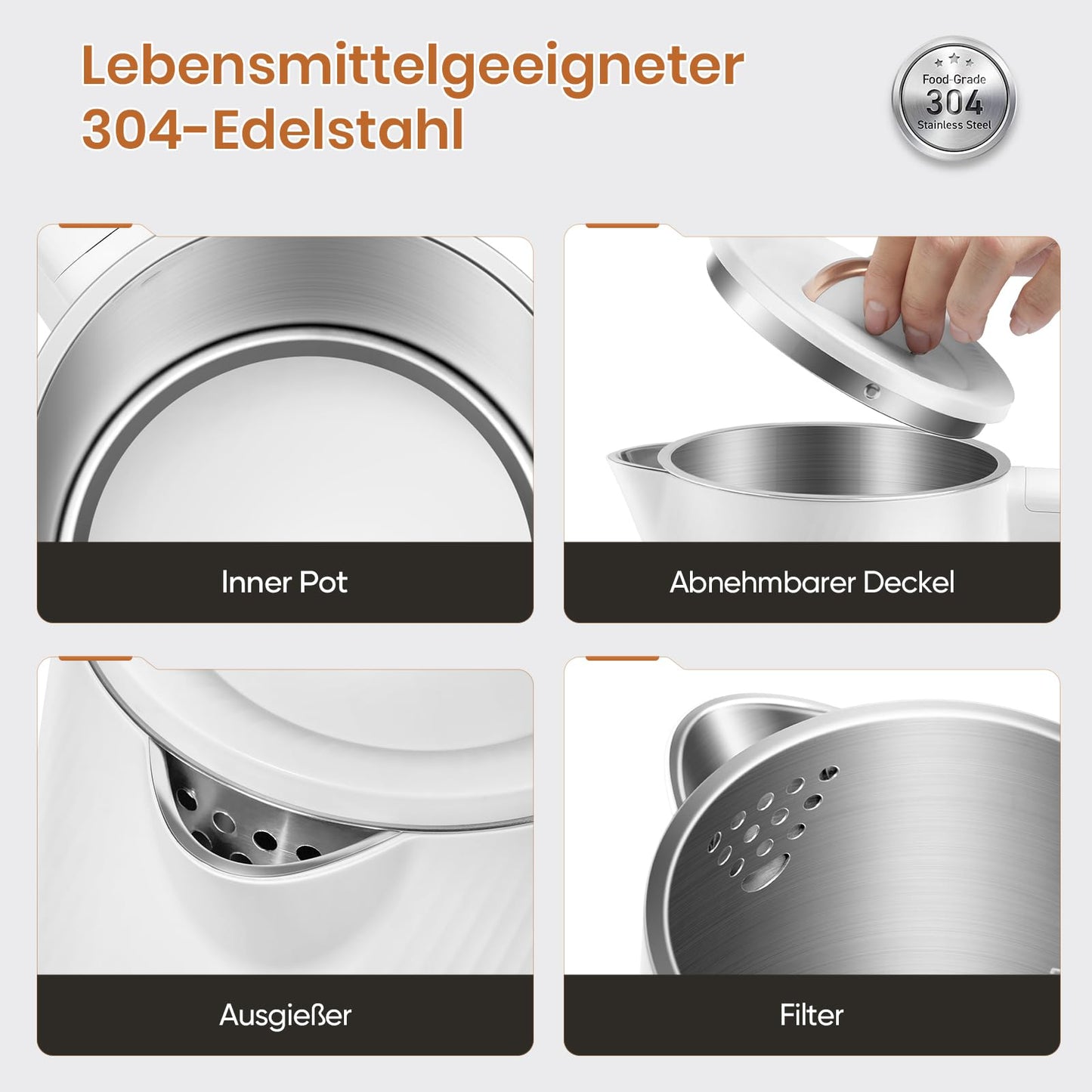 OLEGA Wasserkocher - 1800W Schnellaufheizender Elektrischer Teekessel BPA-freier 304 Edelstahl Elektrischer Wasserkocher mit Automatischer Abschaltung und Trockengehschutz Perfekt für die Familie 1.8L