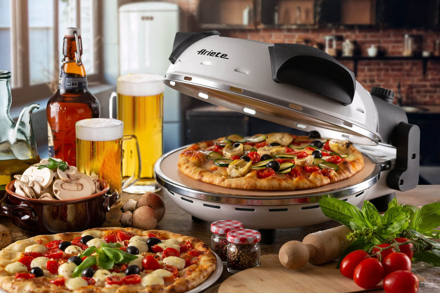 Ariete Pizzaofen 919, 4-Minuten-Pizza, Pizzaofen mit 5 Garstufen, Feuerfeste Platte zum Wiederaufwärmen, Holzbrettchen im Lieferumfang Enthalten, Max. Temperatur 400°C, 1200W, Rot