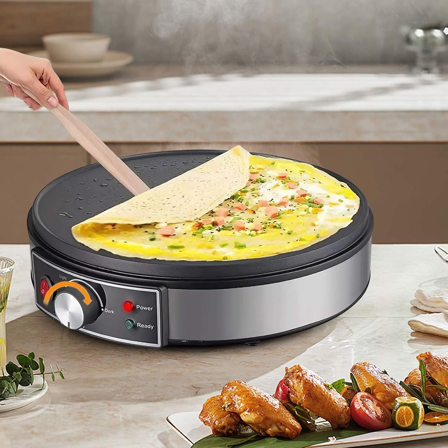 Elektrischer Crêpe-Maker – 1000W Profi-Pfannkuchenmaschine mit Antihaft-Beschichtung, Gewerbe-Küchengerät, Antihaft-Crêpe-Gerät, Backgerät, Temperaturregelung & Zubehör für Restaurant/Haushalt (30cm)