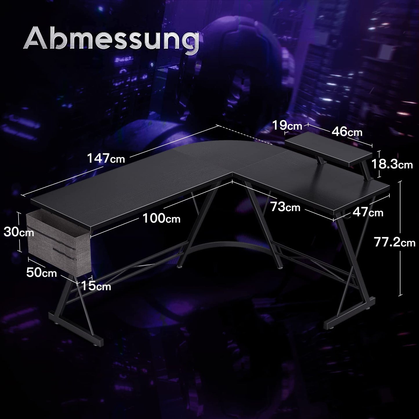 ODK Gaming Tisch, Gaming Schreibtisch Eckschreibtisch für Gamer, Schreibtisch L Form mit Monitorständer für Büro (Schwarz, 127 x 127 cm)