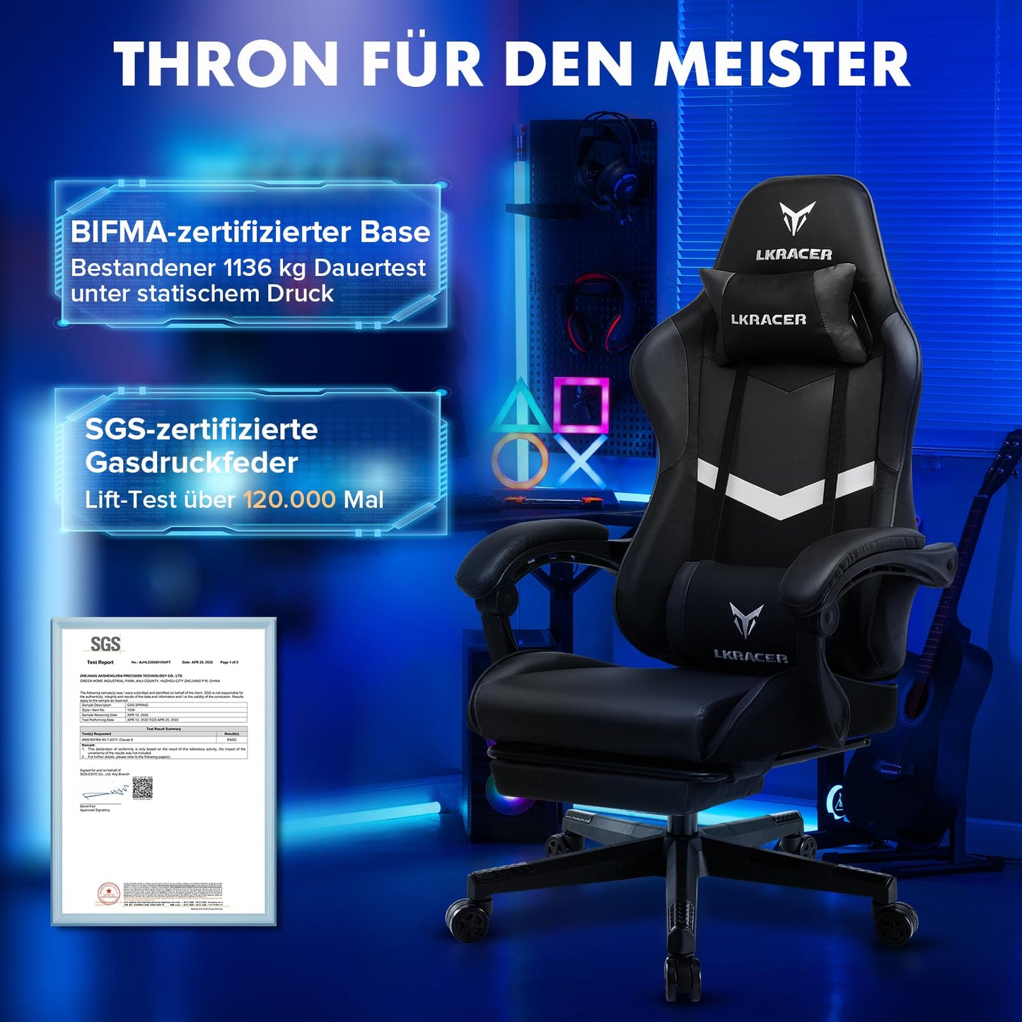 LUCKRACER Gaming Stuhl mit fußstütze Bürostuhl Ergonomisch mit verstellbare Lendenkissen, Kopfkissen Gaming Chair,Höhenverstellbarer Gamer Stuhl, 150 kg Belastbarkeit Grau