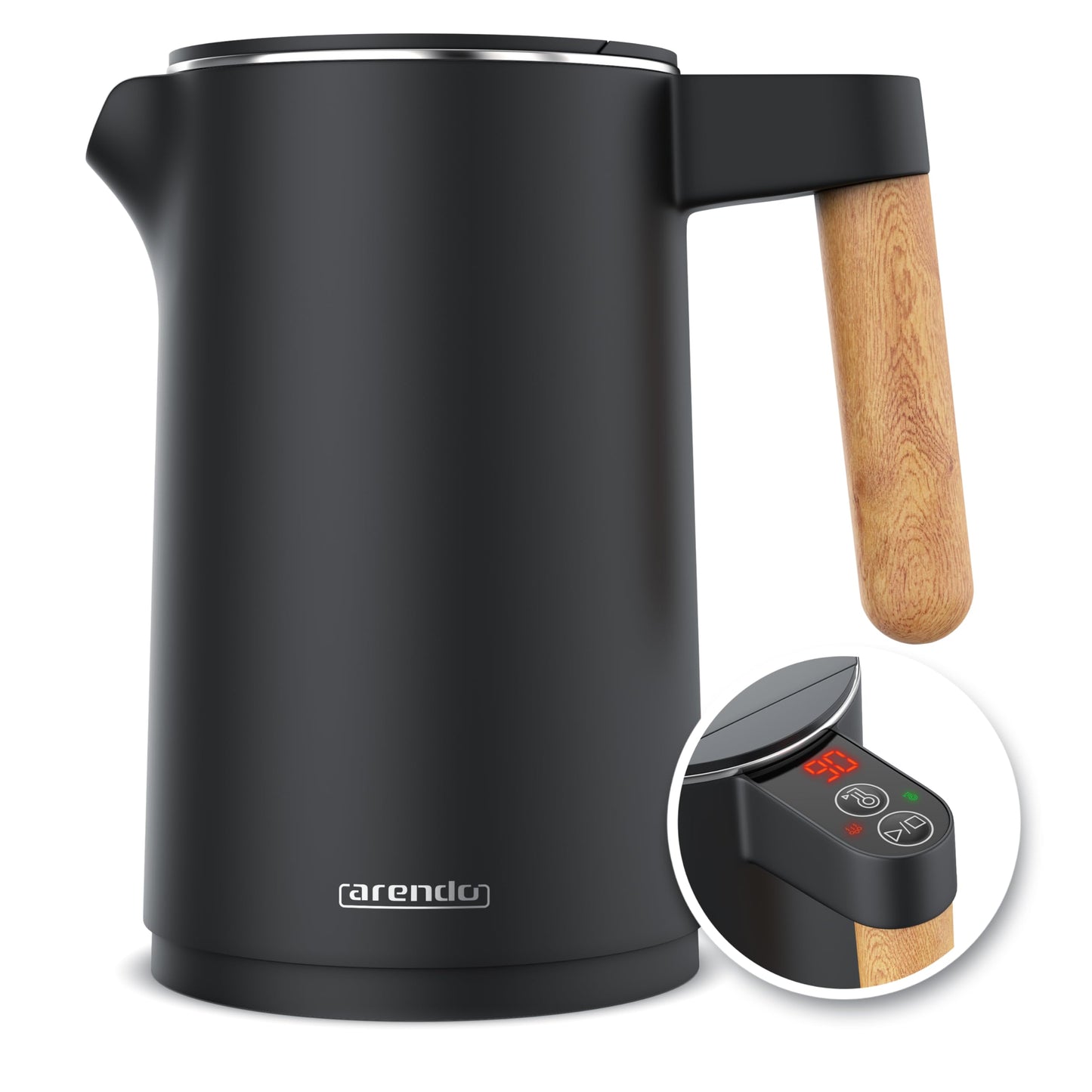 Arendo - Stainless Steel Kettle with Temperature Setting - 45°C-100°C - 1.5 Litre - Double Wall - BPA Free - Keep Warm Function - Tea Maker with Temperature Indicator - Cool Touch Handle - Black