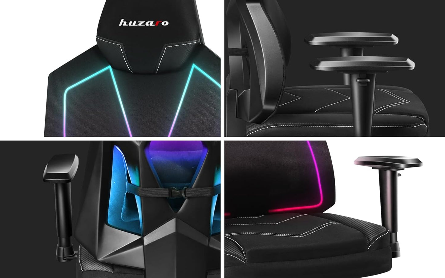 huzaro Combat 6.2 Black RGB | LED Beleuchtung Gaming Stuhl PC Bürostuhl Schreibtischstuhl | bis 140 kg belastbar | Verstellbare Rückenlehne Armlehnen Sitzhöhe | Zocker Gamer | Stoff | Schwarz