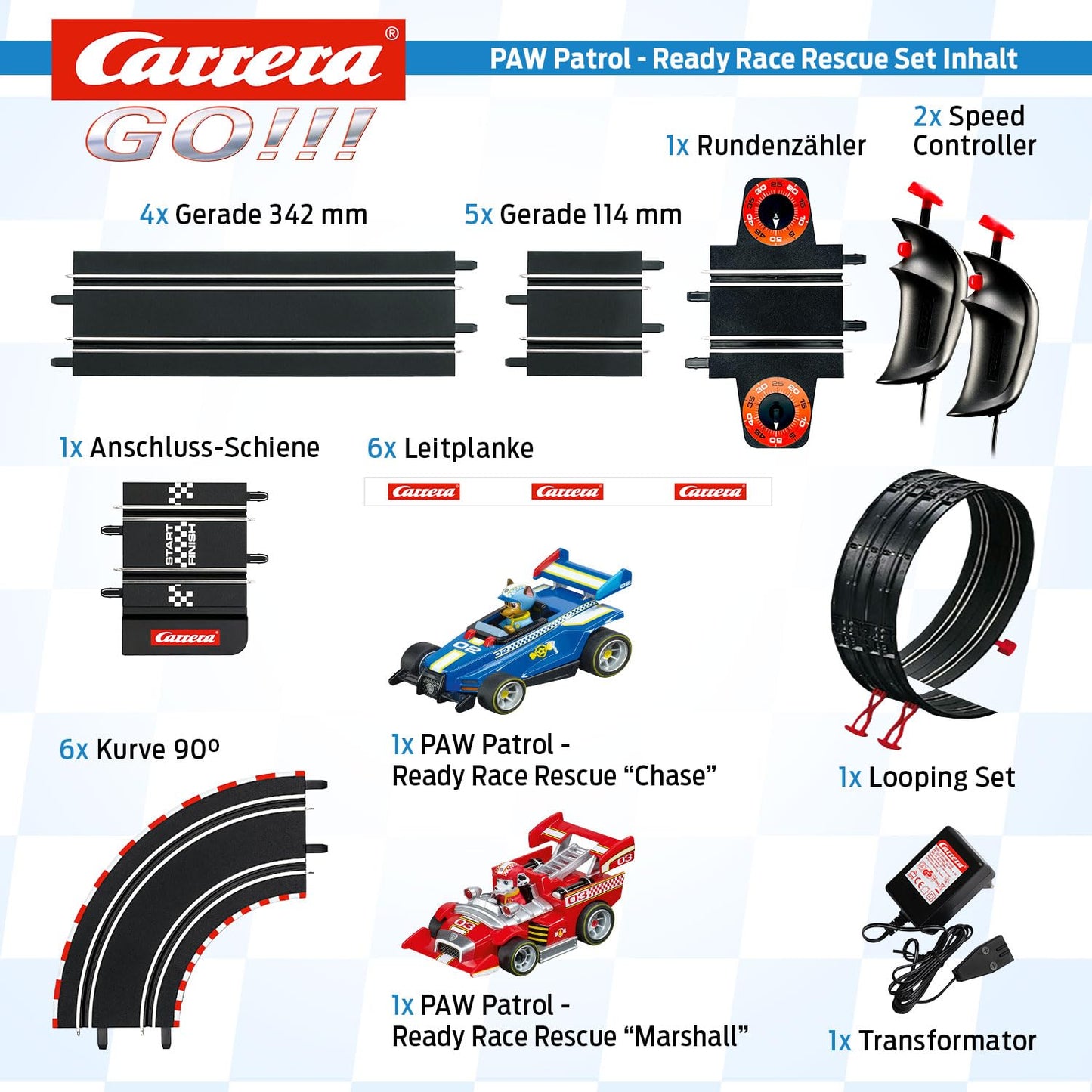 Carrera GO!!! PAW Patrol - Ready Race Rescue Set |2 Slotcars inkl. 2 Handregler mit Turbo-Knopf | Inklusive Chase und Marshall | 4,9 m Streckenlänge mit Looping und Rundenzähler | Maßstab 1:43