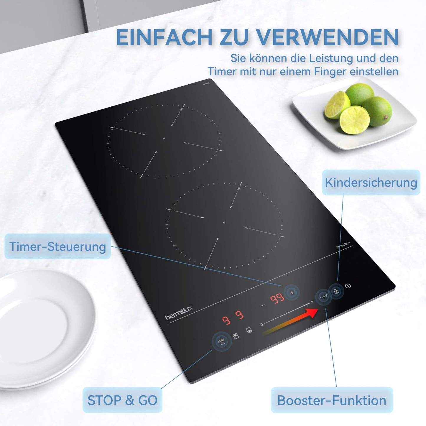 Hermitlux ceramic hob,Built-in 29 cm black glass ceramic electric hob,9 power levels,Sensor touch control, child lock, 1-99 minute timer,Suitable for all pots and pans