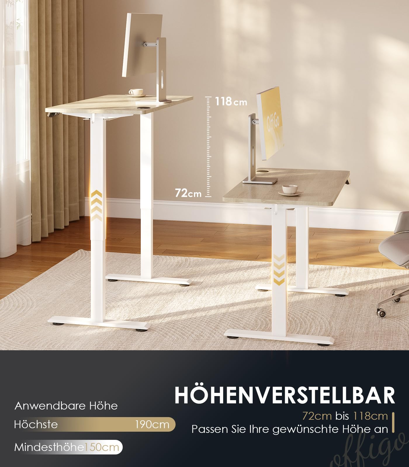 OffiGo Höhenverstellbarer Schreibtisch, 120 cm Elektrischer Schreibtisch, Ergonomischer Tisch mit Memory-Funktion, Gaming Tisch Höhenverstellbar, Moderner Computertisch für Zuhause und Büro, Weiß