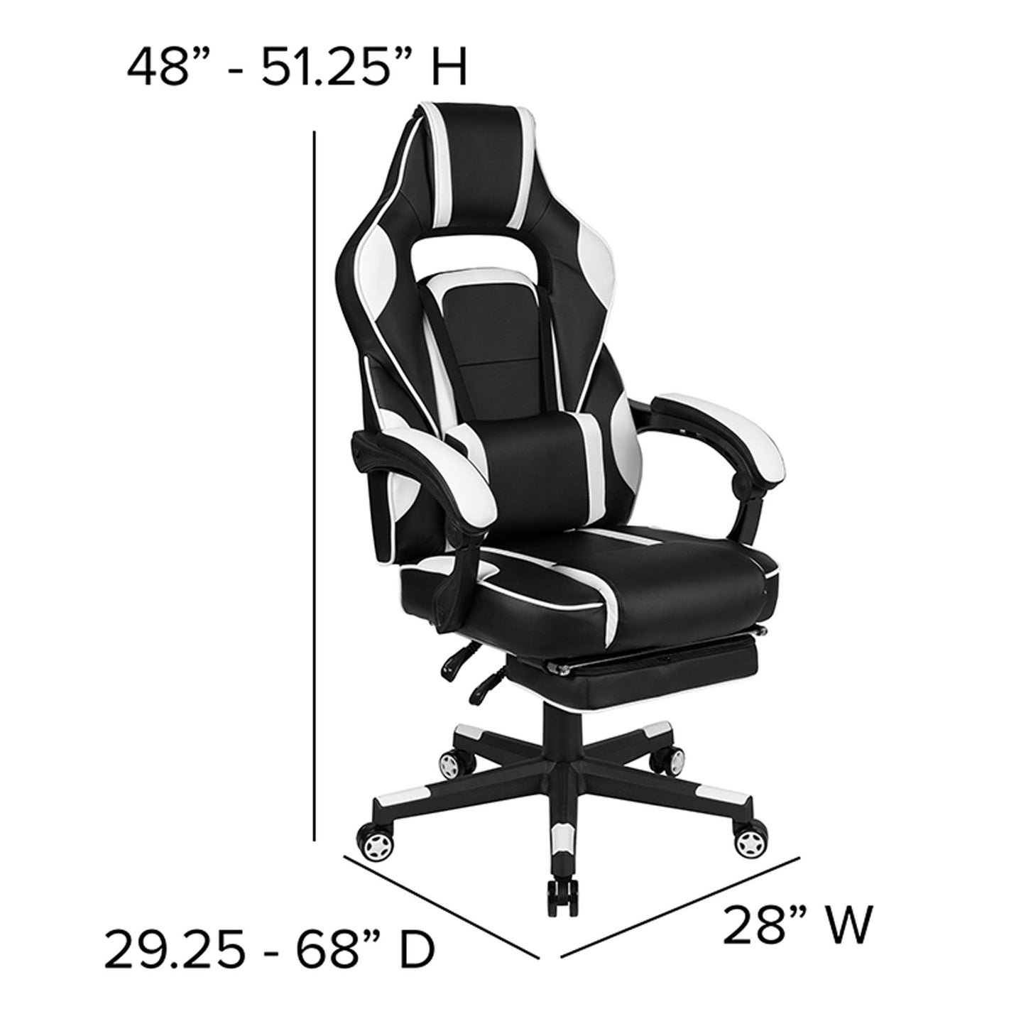 Flash Furniture X30 Gaming-Stuhl, ergonomischer Bürostuhl für PC- und Gaming-Setups, verstellbarer Rennsport-Stuhl mit vollständig verstellbarer Rückenunterstützung, schwarz mit weißer Verzierung