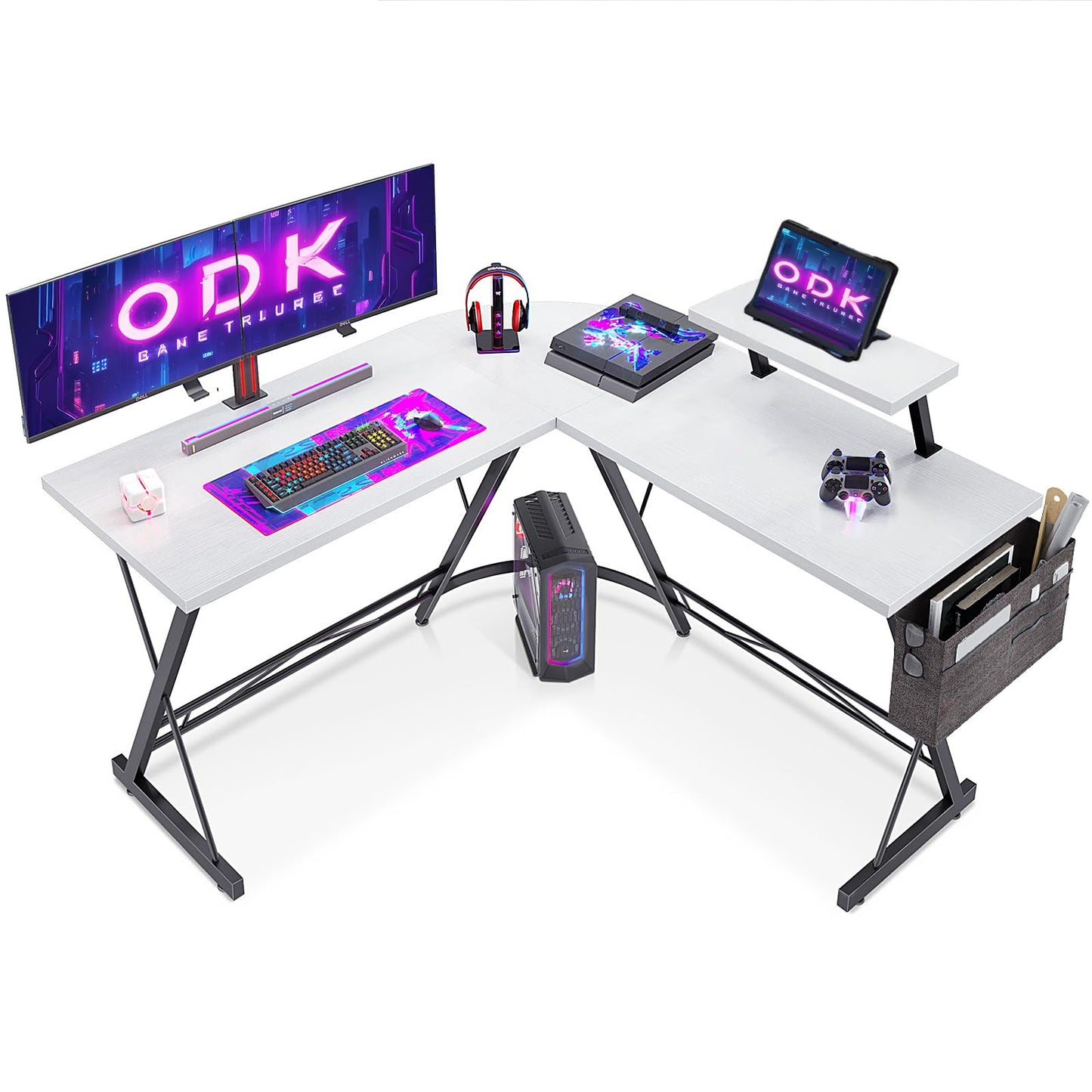 ODK Gaming Tisch, Gaming Schreibtisch Eckschreibtisch für Gamer, Schreibtisch L Form mit Monitorständer für Büro (Schwarz, 127 x 127 cm)