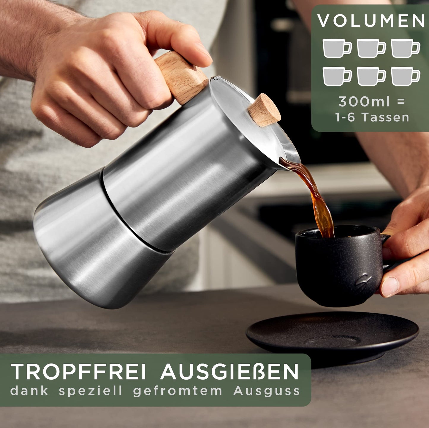 WALDWERK Espresso Maker (300 ml) – Espresso Maker Suitable for All Types of Cookers – Stainless Steel Mocha Pot with Wooden Handle Made of Real Oak Wood