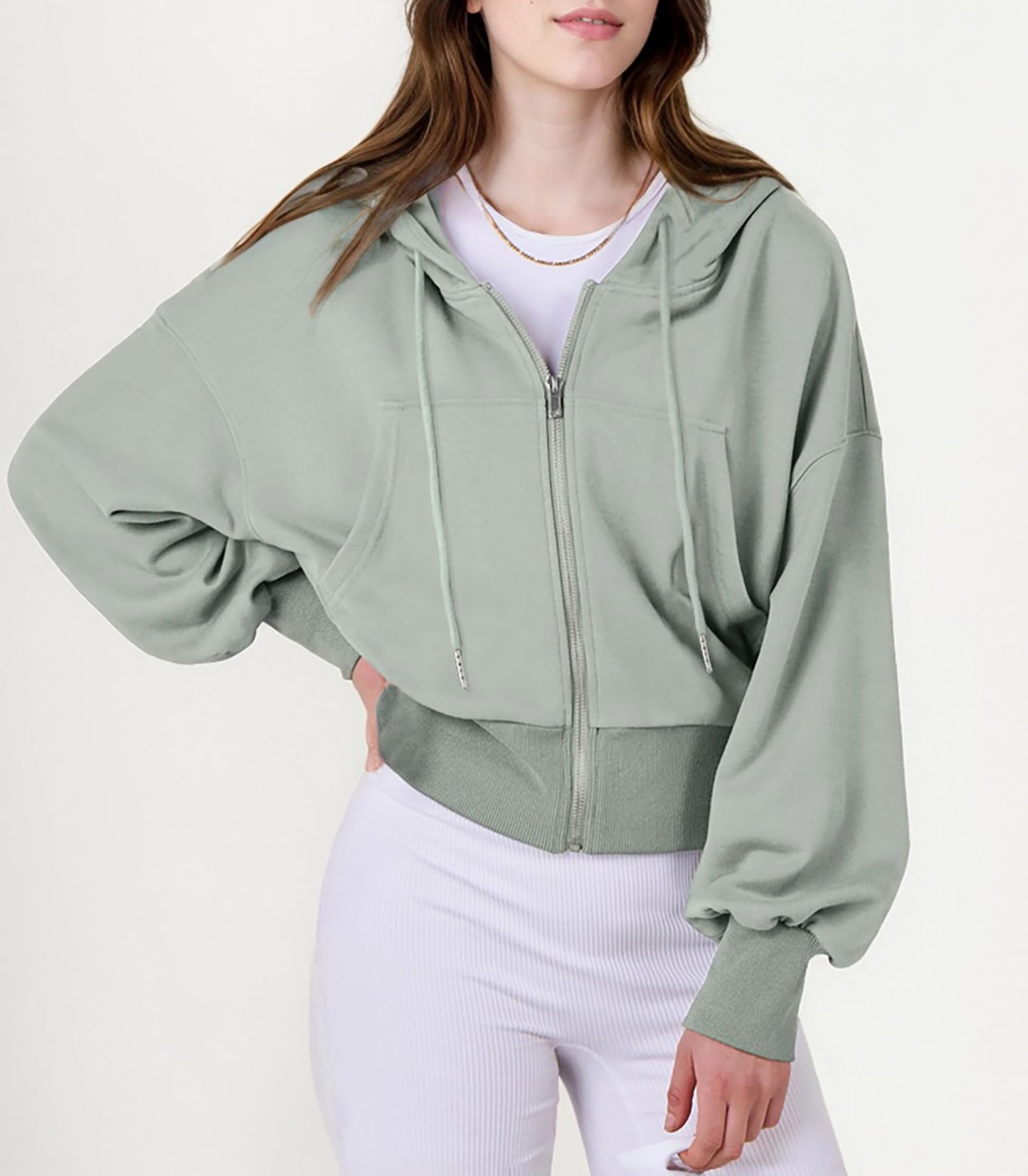 Jhsnjnr Women’s Cropped Zip-Up Hooded Sweat Jacket