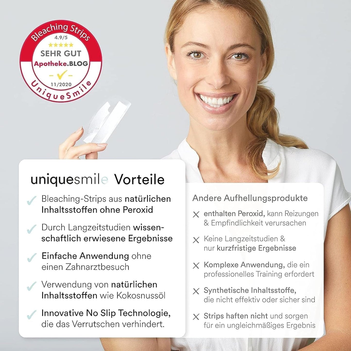 Uniquesmile Zahnaufhellung Whitening Strips - Testsieger 2024-100 Tage risikofrei testen - frei von Peroxid - innovative Formel mit natürlichen Inhaltsstoffen (Sparset 40 Stück)