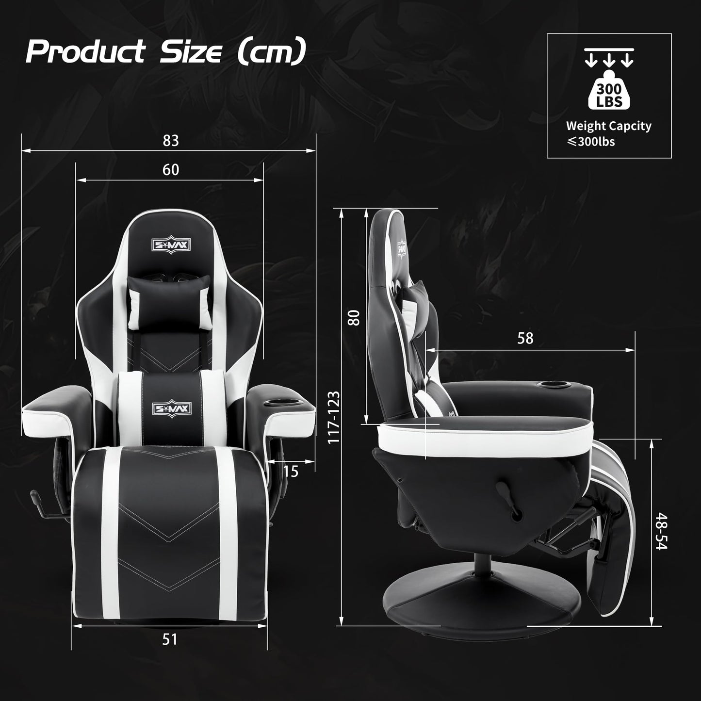 S*MAX Gaming Stuhl mit Fußstütze Gaming Sessel hoher Rückenlehne mit Verstellbarer Rückenlehne Becherhalter Seitentasche Gaming Stühle für Erwachsene Schwarz