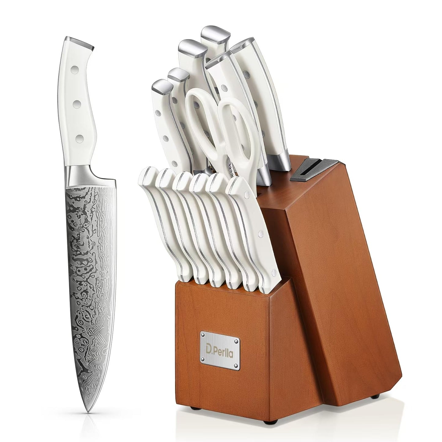 D.Perlla Messerblock Set, 14-TLG Selbstschärfender Messerblock, Scharf Edelstahl Messerset Set mit Kunststoff-Griff und Holzblock, Profi Küchenmesserset, Schwarz