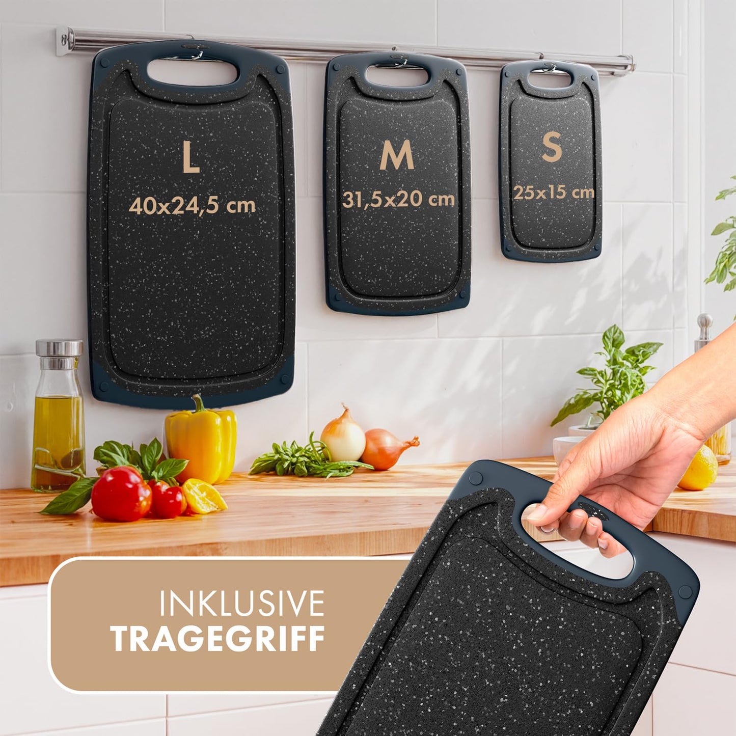 Blumtal Schneidebrett Set mit 3 Größen (S/M/L) - Schneidebrett Kunststoff groß + Saftrillen & Griff - Cutting Board - Küchenbrett BPA frei - Schneidbrett Spülmaschinenfest - Schneidebretter Grau