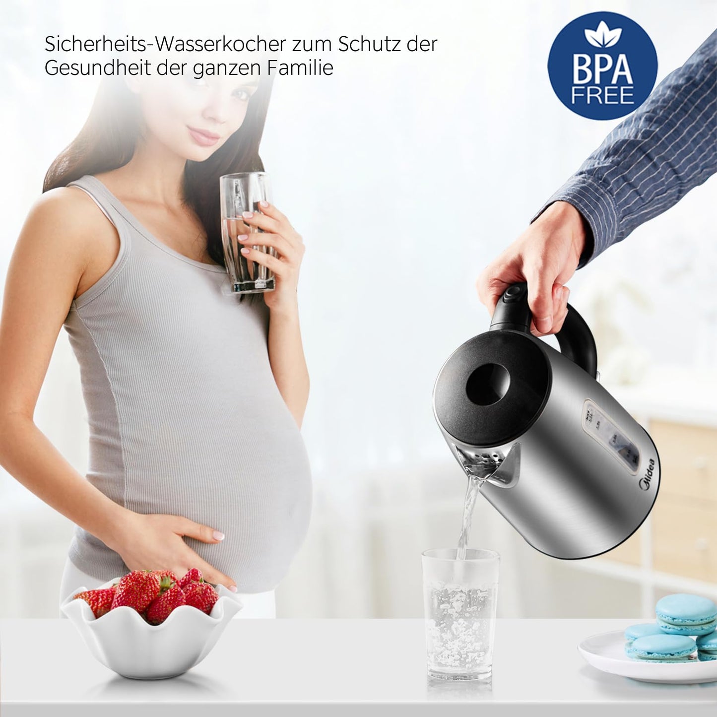 Midea Wasserkocher mit Temperatureinstellung (40, 60, 70, 80, 90, 100 Degree C),Edelstahl 1,7 Liter,Kettle 2200W mit Sichtfenster, Warmhaltefunktion für 60 Min