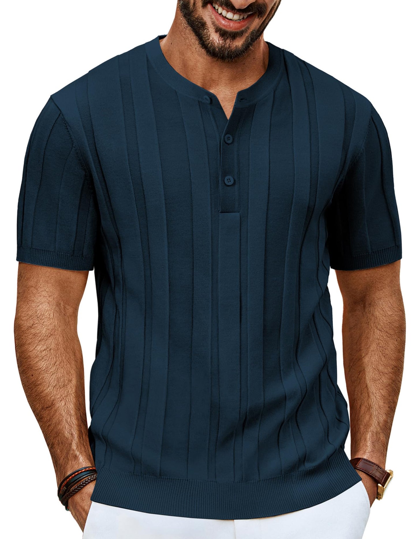Men’s Henley Knit T-Shirt – Short Sleeve Summer Casual Tee