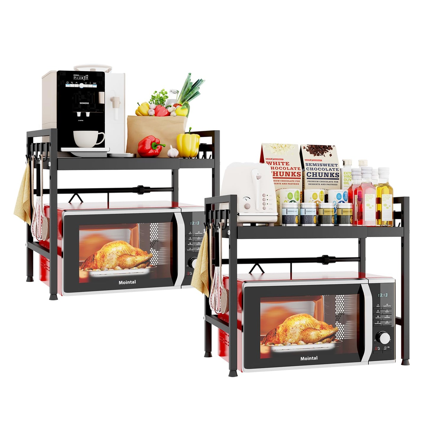 Mointal Verstellbares Mikrowellenregal, 2-Stufig Erweiterbares Küchen Mikrowelle Ständer Regal, Mikrowellenhalter aus Kohlenstoffstahl, Küchenaufbewahrung Organizer mit 8 Haken, Schwarz
