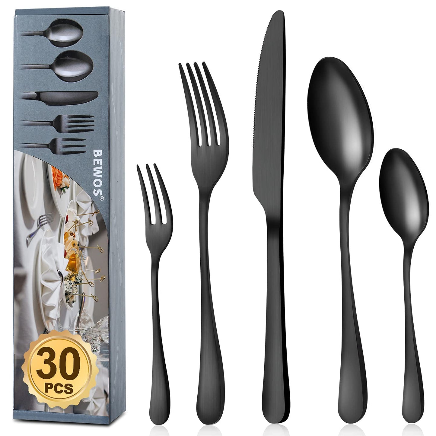 BEWOS Besteck Set für 6 Personen, 30 teilig Essbesteck Set inkl. Messer, Gabel, Löffel, Besteck Edelstahl Spiegelpoliert, Spülmaschinenfest