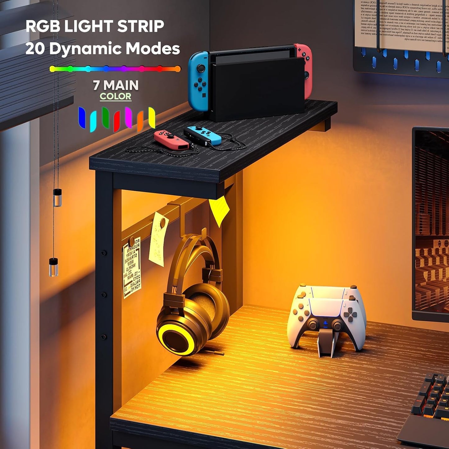Bestier 113CM Eck-Computertisch mit Steckdosen Computertisch mit LED-Leuchten Umkehrbarer Schreibtisch mit Seitentasche Aufbewahrungstasche & Zubehöraufhänger für Home Office Small Space Weiß