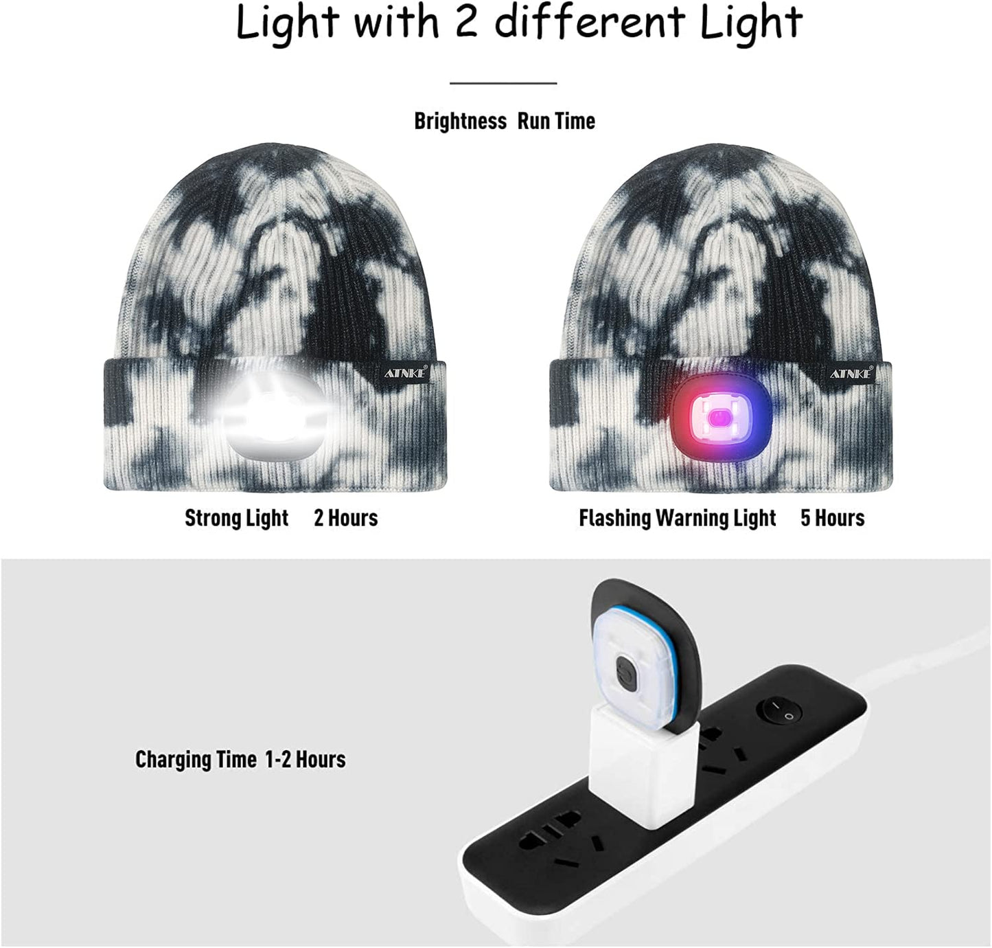 ATNKE LED Beleuchtete Mütze,Wiederaufladbare USB 4 LED Rot und Blau Leuchten Blinkender Laufmütze mit Licht Extrem Heller Lampe Winter Warme für Herren und Damen Geschenke
