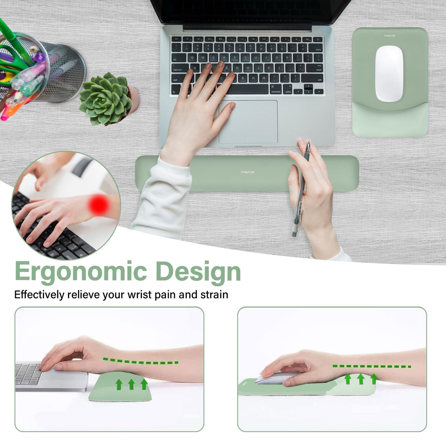 MOSISO Handgelenkstütze für Mauspad&Tastatur Set, Rechteckig Ergonomisch Mauspad Rutschfest Basis Home/Büro Schmerzlinderung&Typing Kissen mit Neopren Cloth&Erhöht Gebogen Memory Schaum,Grün