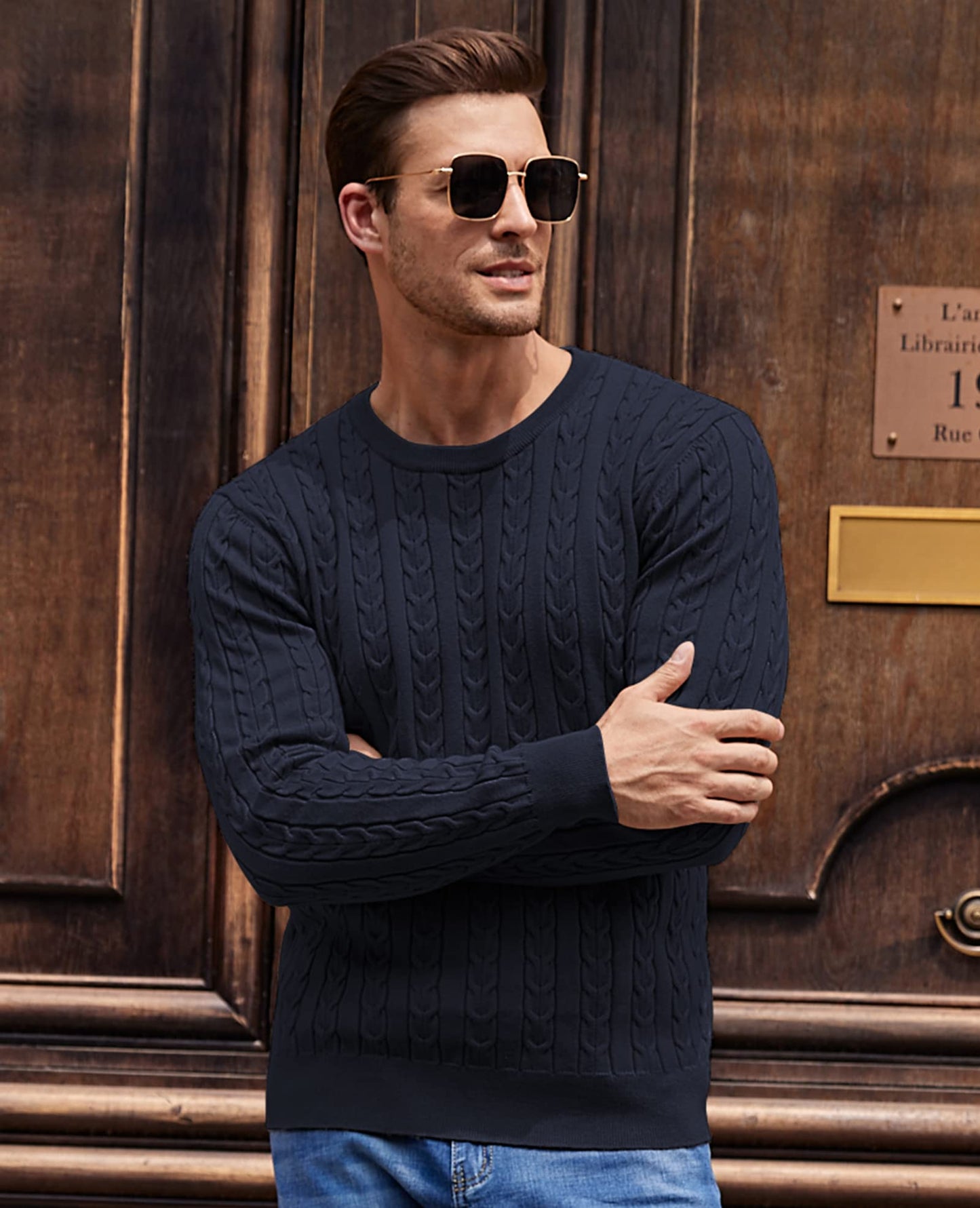 NITAGUT Men’s Cable Knit Sweater – Slim Fit Crewneck Pullover