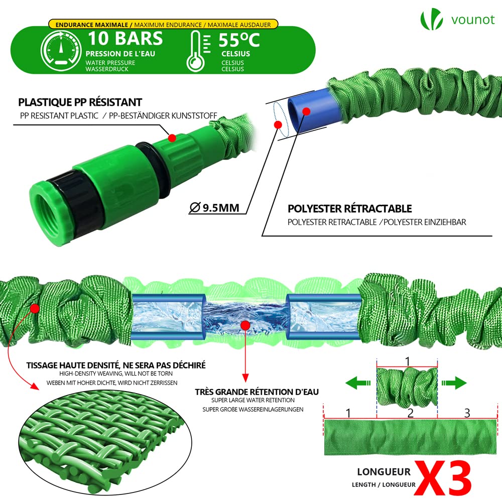 VOUNOT® Flexibler Gartenschlauch 30 m, Flexibel Wasserschlauch Dehnbarer mit 10 Sprühfunktionen, Schnelladaptern und Wandhalterung, Schwarz
