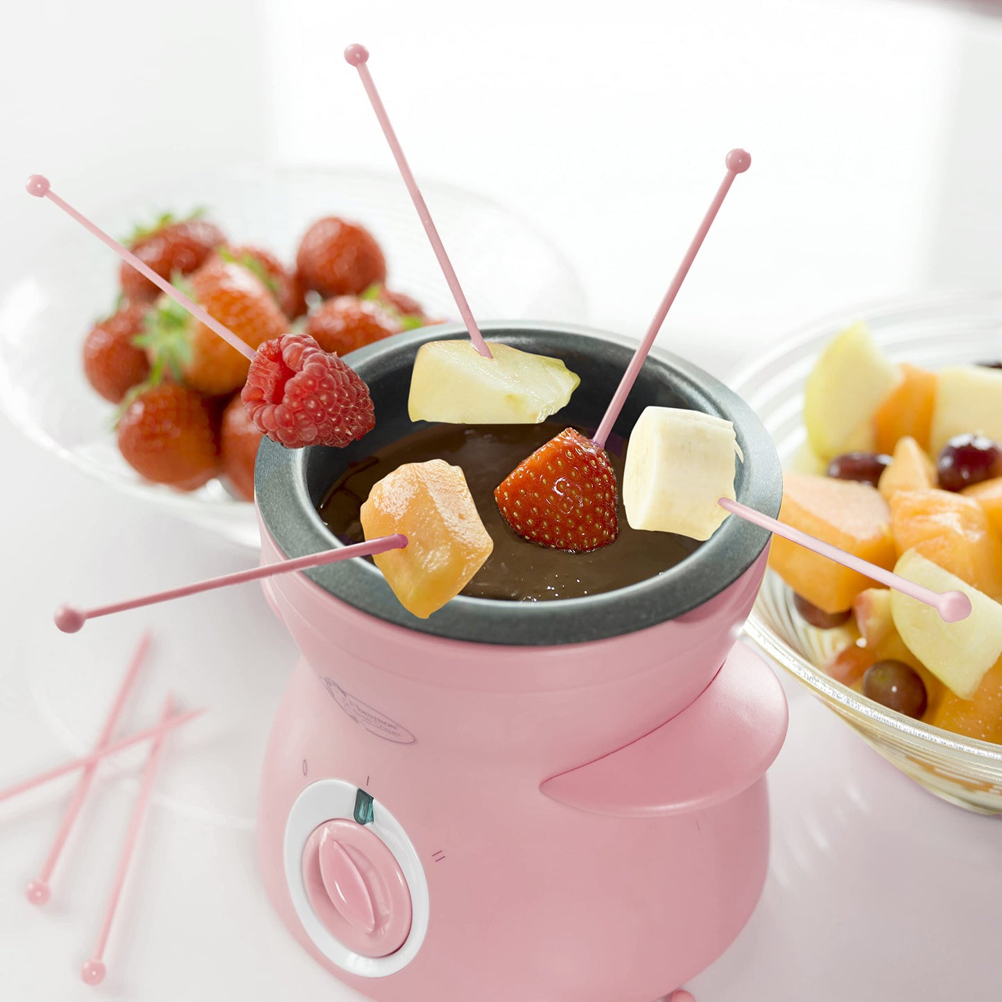 Bestron Schokoladen Fondue für 2 Personen, Mini-Schokofondue-Set, inkl. 10xSpieße, 10xGabeln und 1xSpachtel, 25Watt, Farbe: Rosa