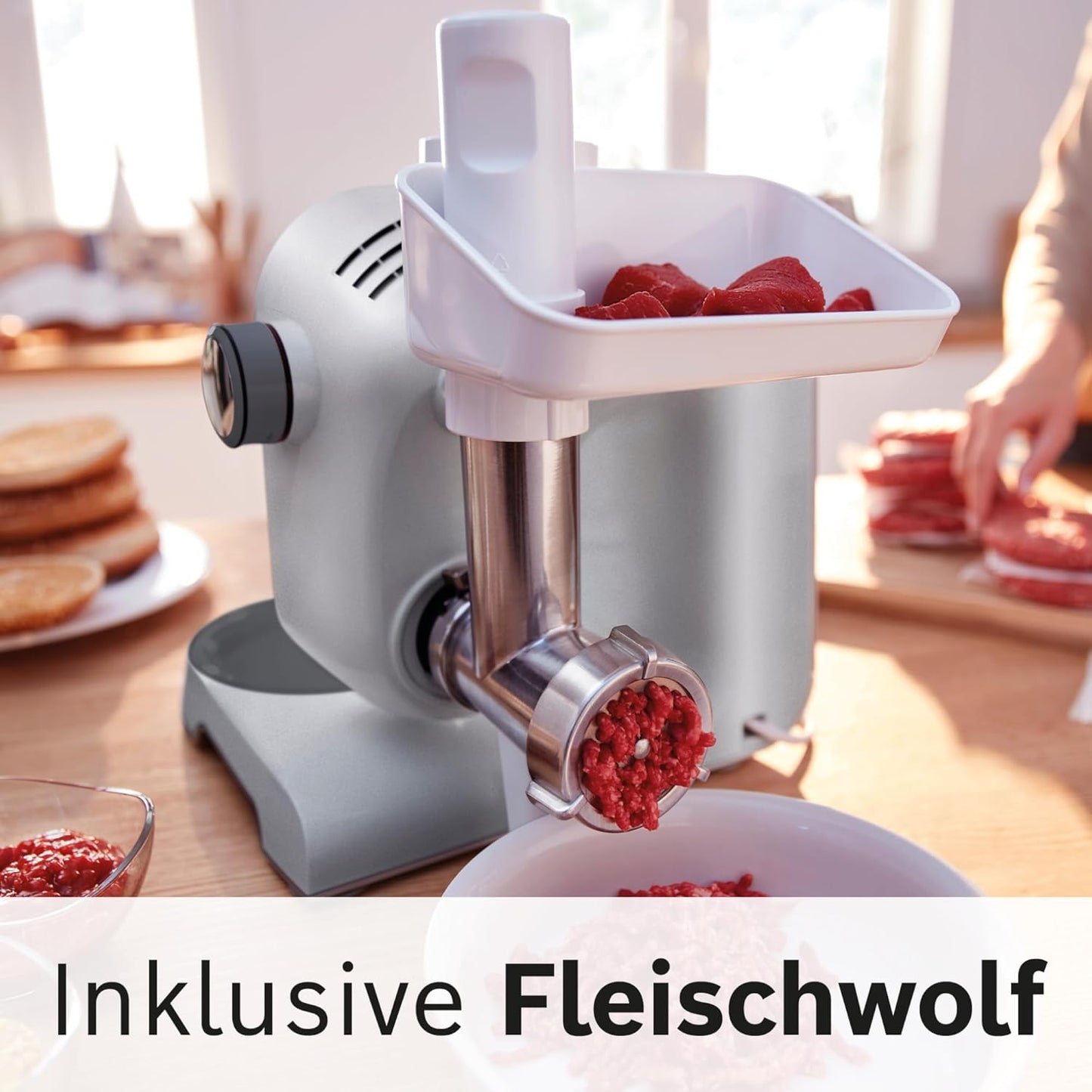 Bosch Küchenmaschine Serie 4, Schüssel 3,9 L, Mixer 1,25 L, Fleischwolf, Zitruspresse, Planetenrührwerk, Knethaken, Schlag-, Rührbesen, Durchlaufschnitzler, 3 Scheiben, 900 W, Silber/Grau