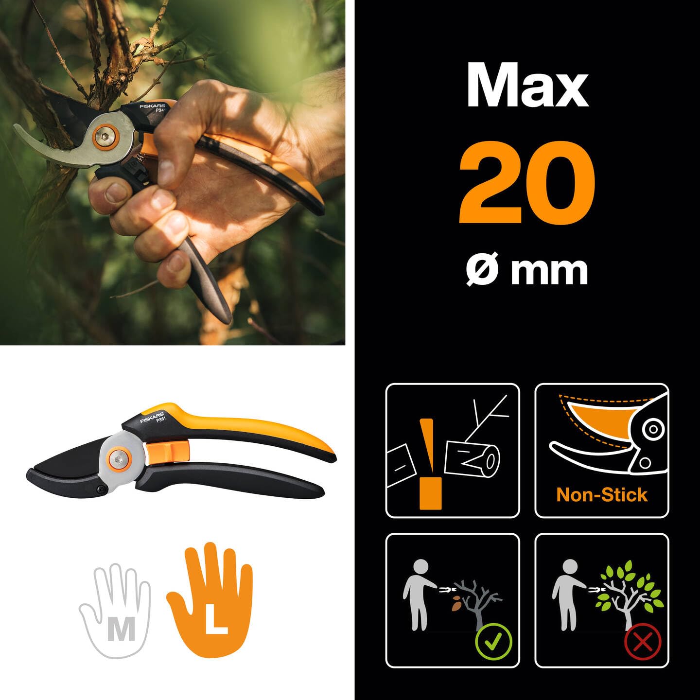 Fiskars Bypass-Gartenschere für frische Äste und Zweige, Antihaftbeschichtet, Hochwertige Stahl-Klingen, Länge: 20 cm, Schwarz/Orange, SingleStep
