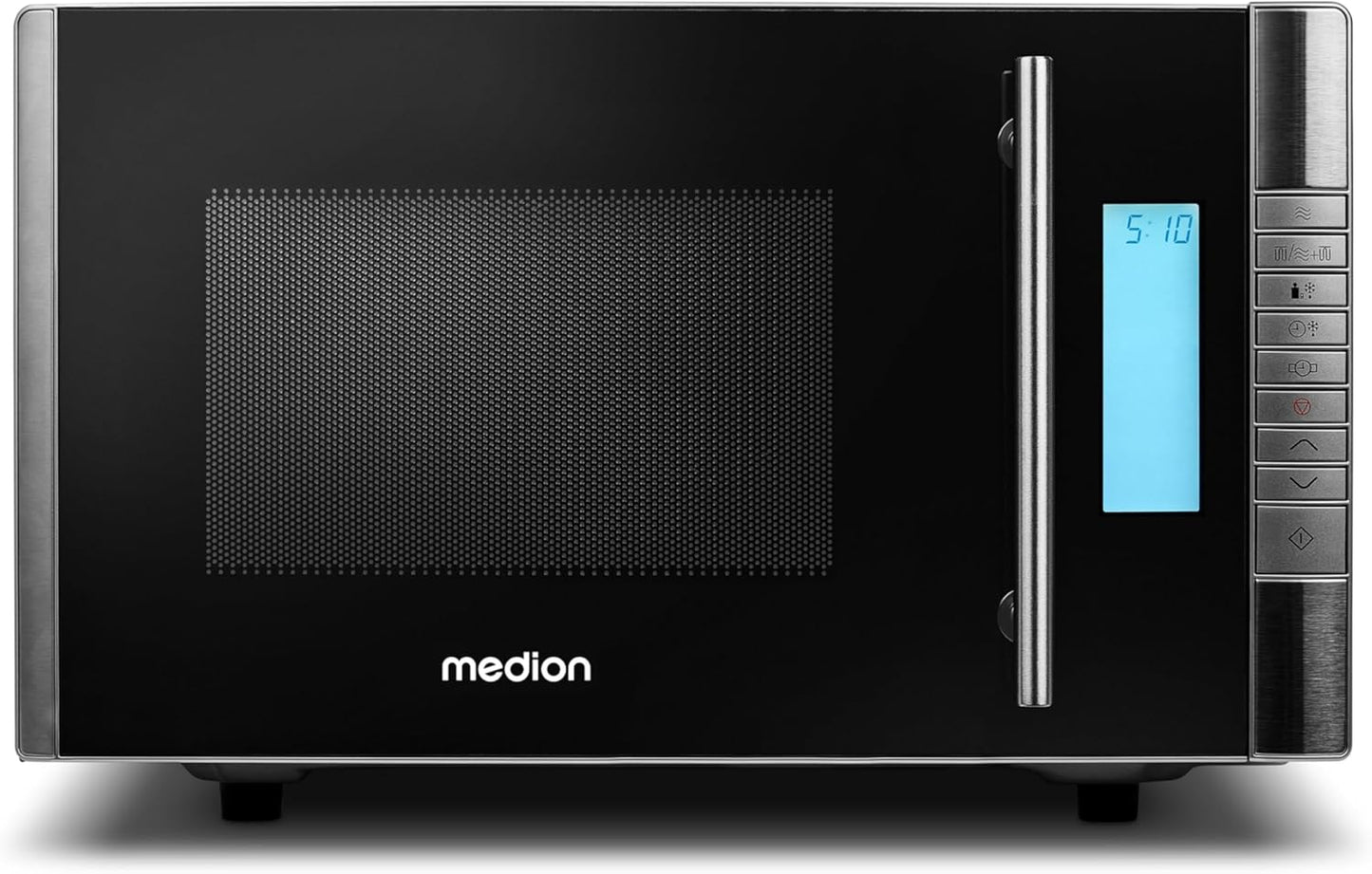 MEDION MD 14482 Mikrowelle mit Grill / 20L Garraum / 8 Automatikprogramme/Auftaufunktion / 800 Watt Mikrowellen- und 1000 Watt Grillleistung/Zeitschaltuhr/Grillrost/silber/schwarz