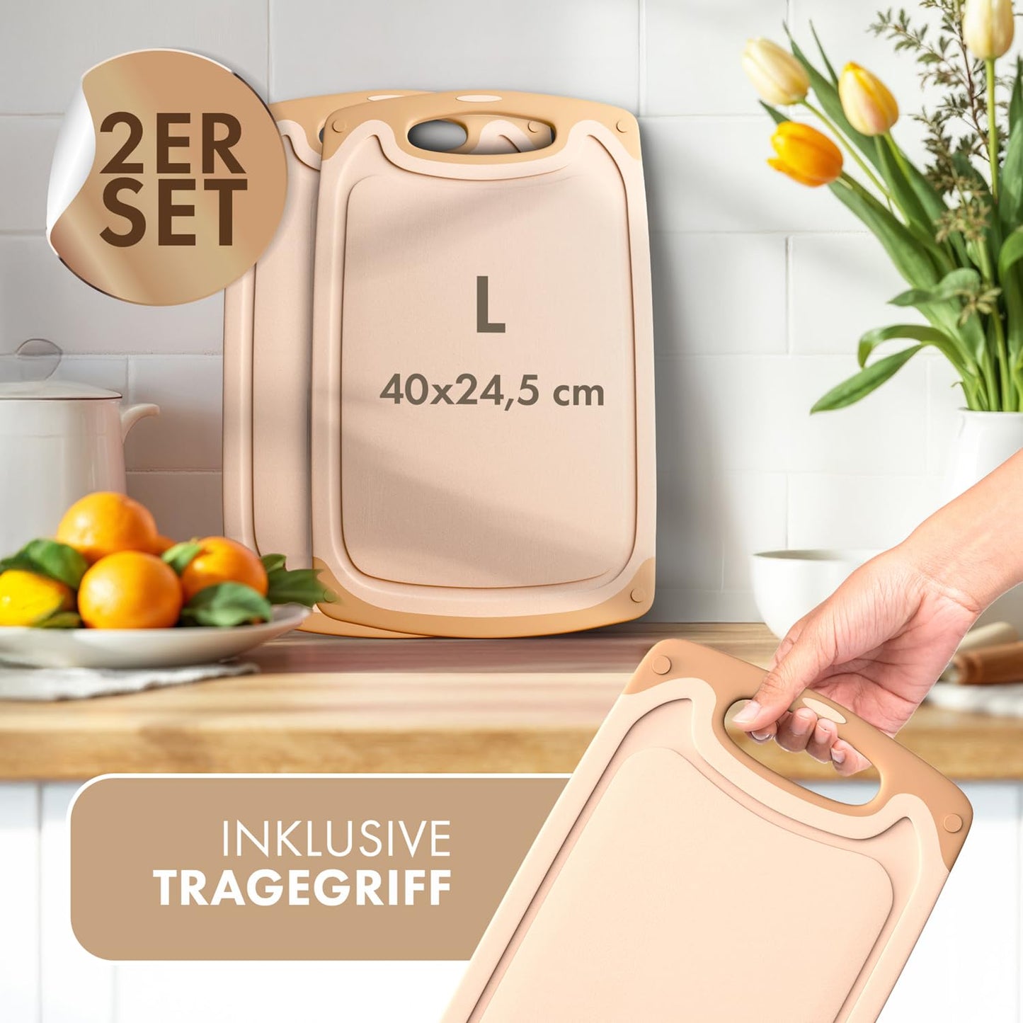 Blumtal Schneidebrett Set mit 3 Größen (S/M/L) - Schneidebrett Kunststoff groß + Saftrillen & Griff - Cutting Board - Küchenbrett BPA frei - Schneidbrett Spülmaschinenfest - Schneidebretter Grau