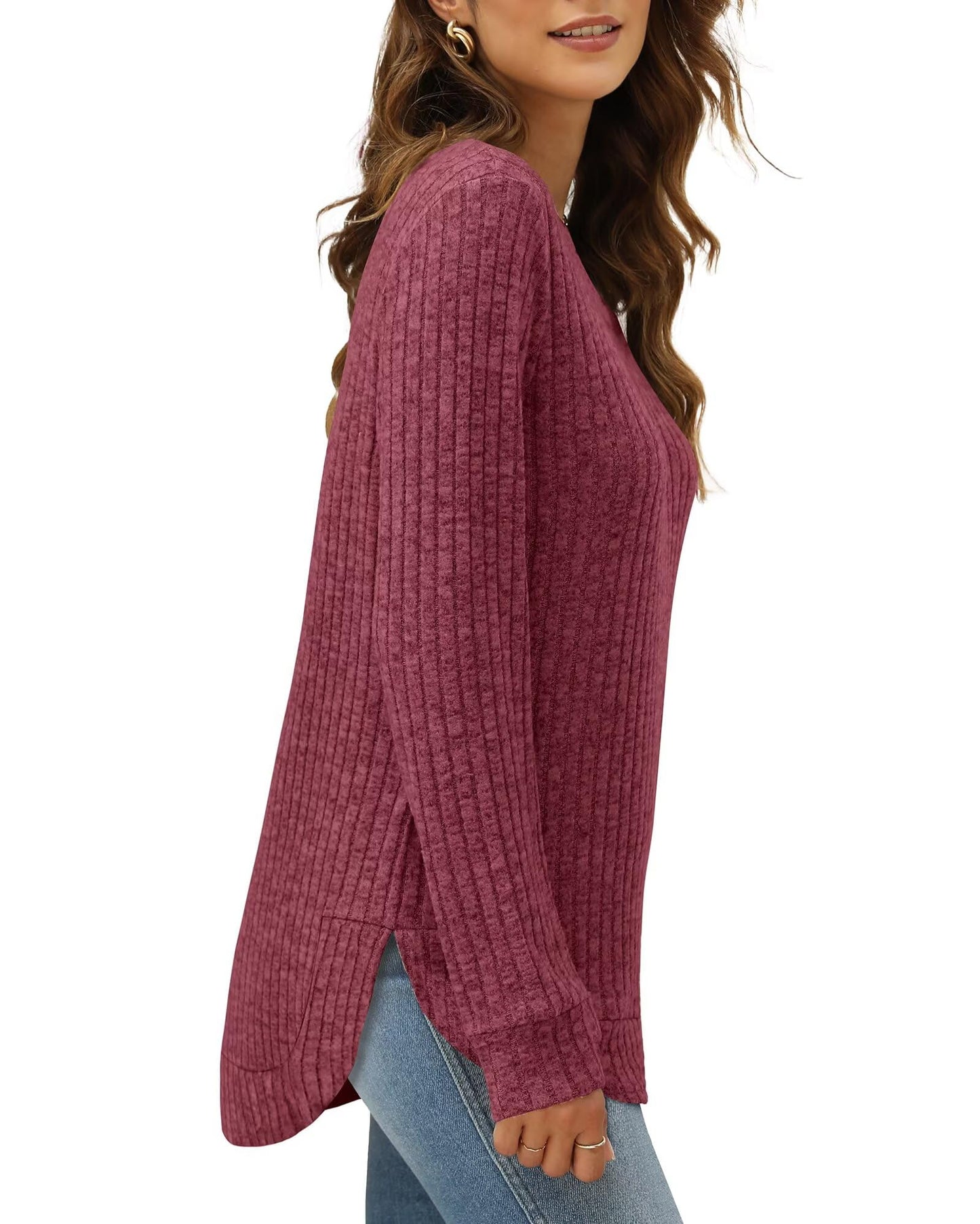 XIEERDUO Women's Pullover Sweater – Curved Hem Knit Sweatshirt