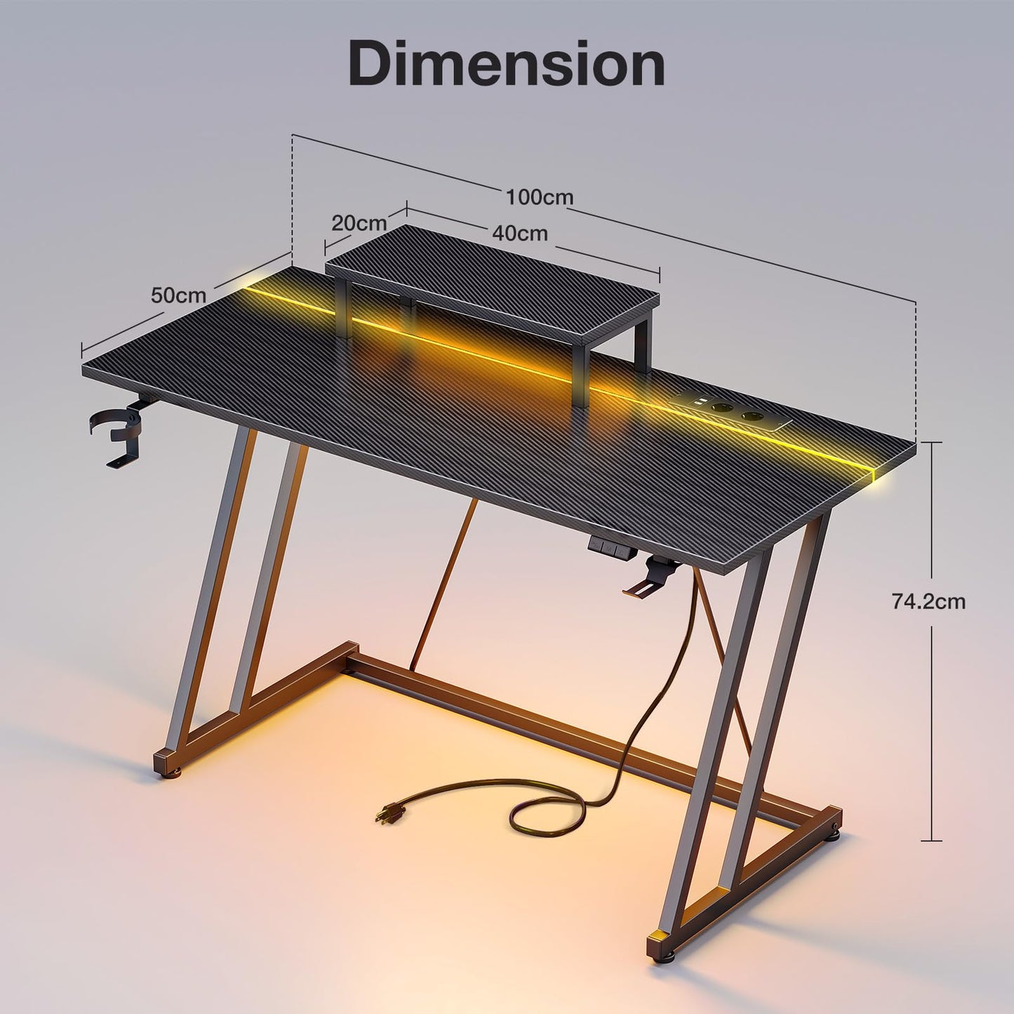 ODK Gaming Tisch mit LED & Steckdose, Gaming Schreibtisch mit Becherhalter und Kopfhörerhaken, Doppel-Z-Rahmen-Design Kleiner Computertisch, Carbon Fiber Schwarz PC Tisch 120 cm