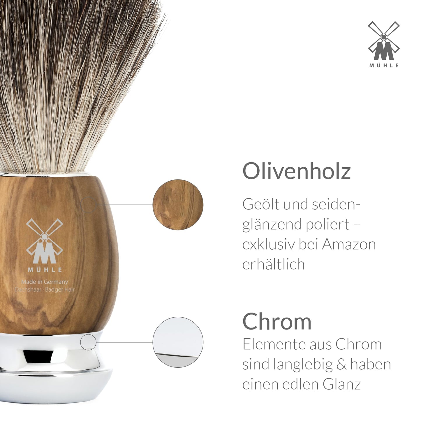 MÜHLE Vivo Rasierset kompatibel mit Gillette-Klingen, Dachshaar-Rasierpinsel, Halterung mit Schale - Olivenholz-Griffe