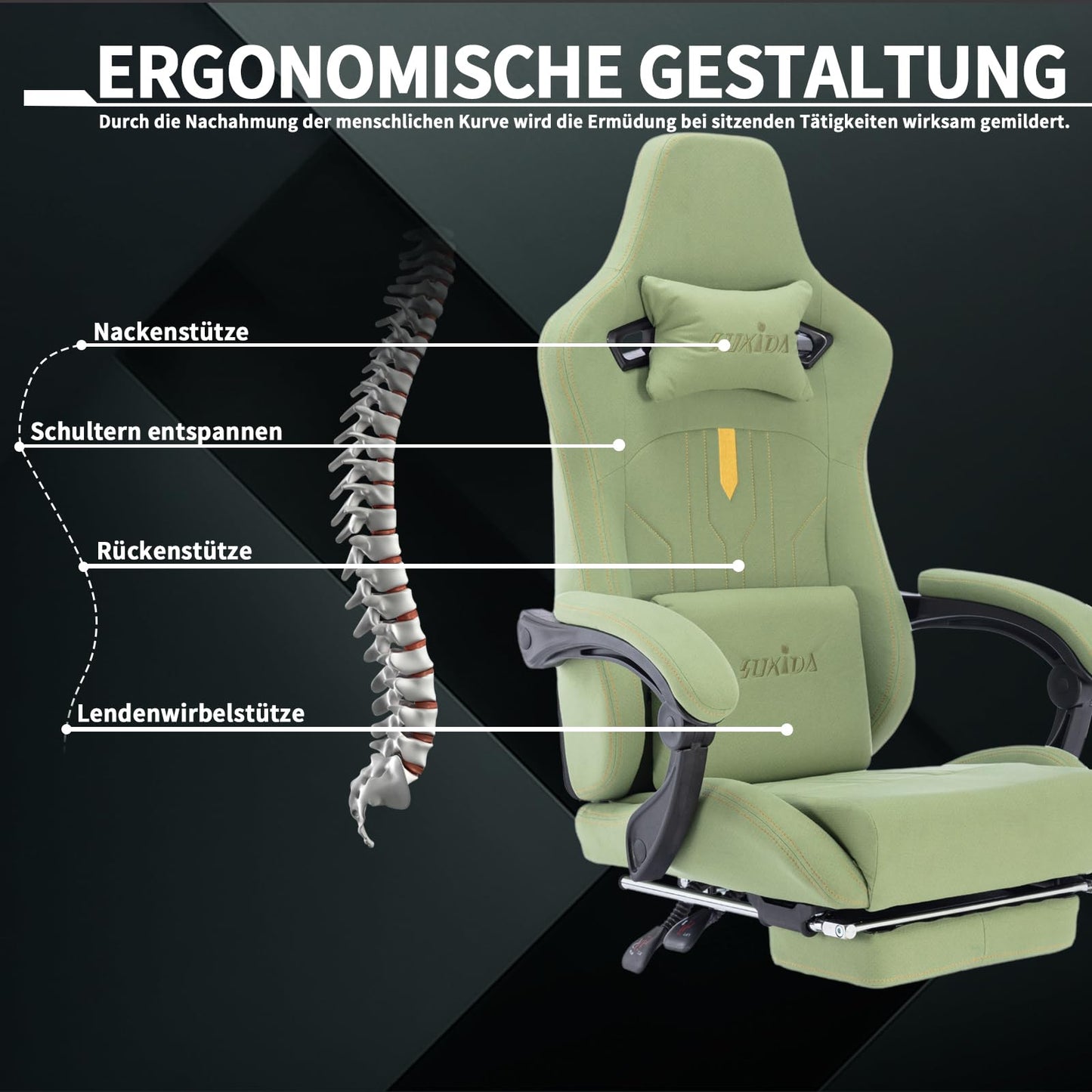SUKIDA Gaming Stuhl Computerstuhl Ergonomischer Gaming Chair mit Fußstütze Bürostuhl Ergonomischer Computerstuhl mit Lendenwirbelstütze Schwarz