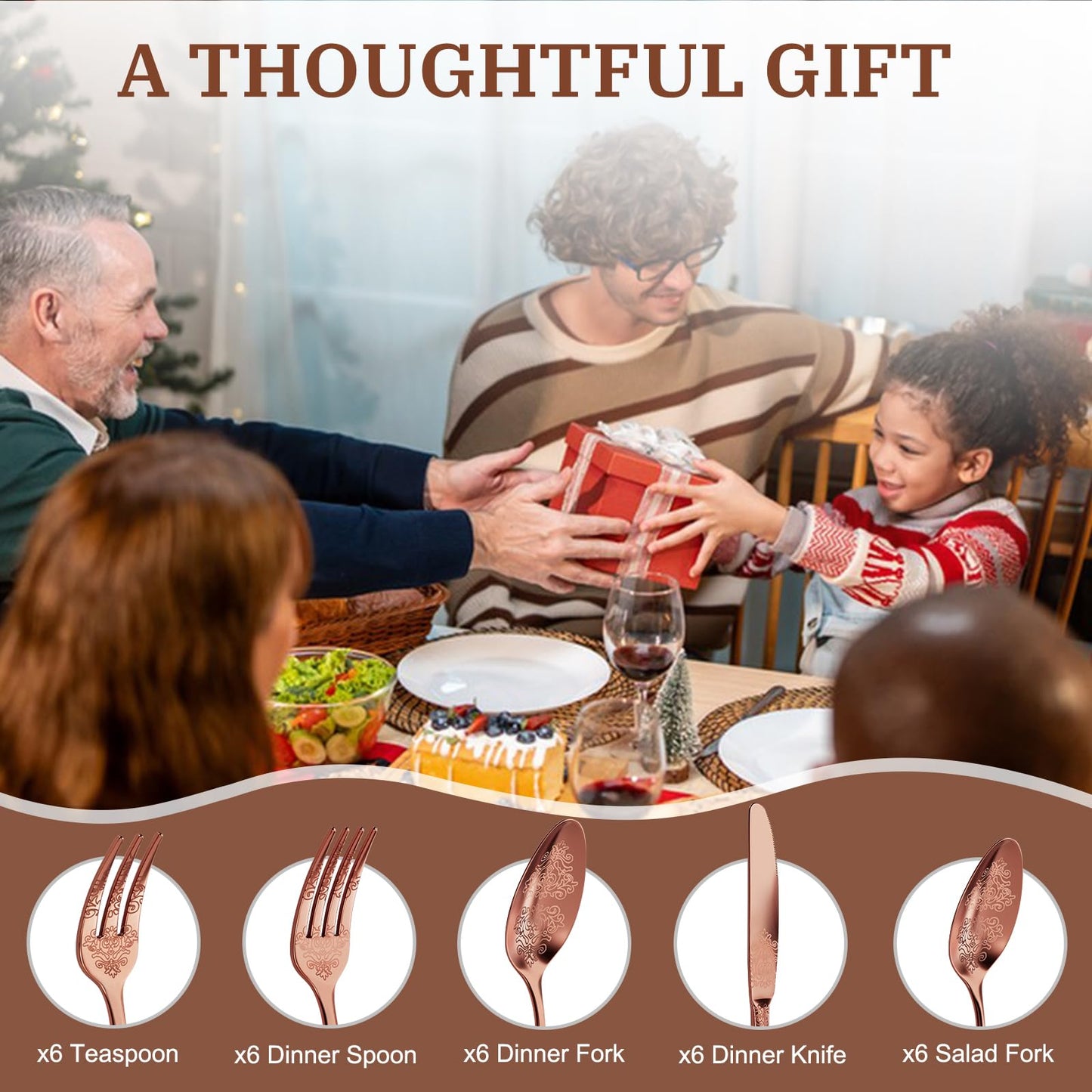 DRAGON RIOT Besteck Set 6 Personen - 30 teilig Edelstahl Besteckset Roségold, Elegantes Bestecksets mit Messer Gabel Löffel, Cutlery Set für Haus/Party/Restaurant