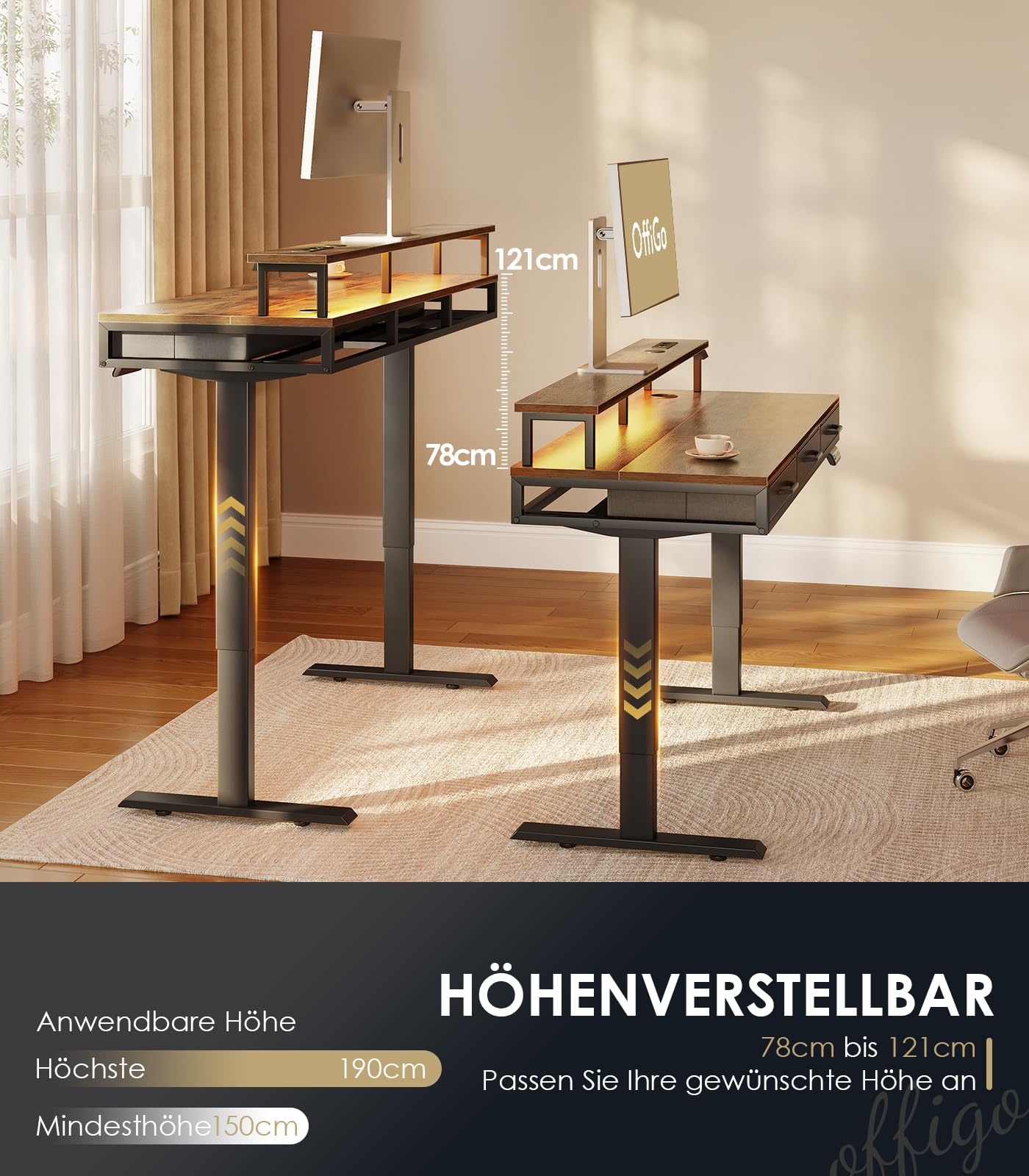 OffiGo Elektrischer Schreibtisch mit Schubladen, 120cm Höhenverstellbarer Schreibtisch mit Monitorständer, Gaming Tisch mit Steckdosen und Lichtleiste, Tisch Höhenverstellbar Bürotisch, Weiß