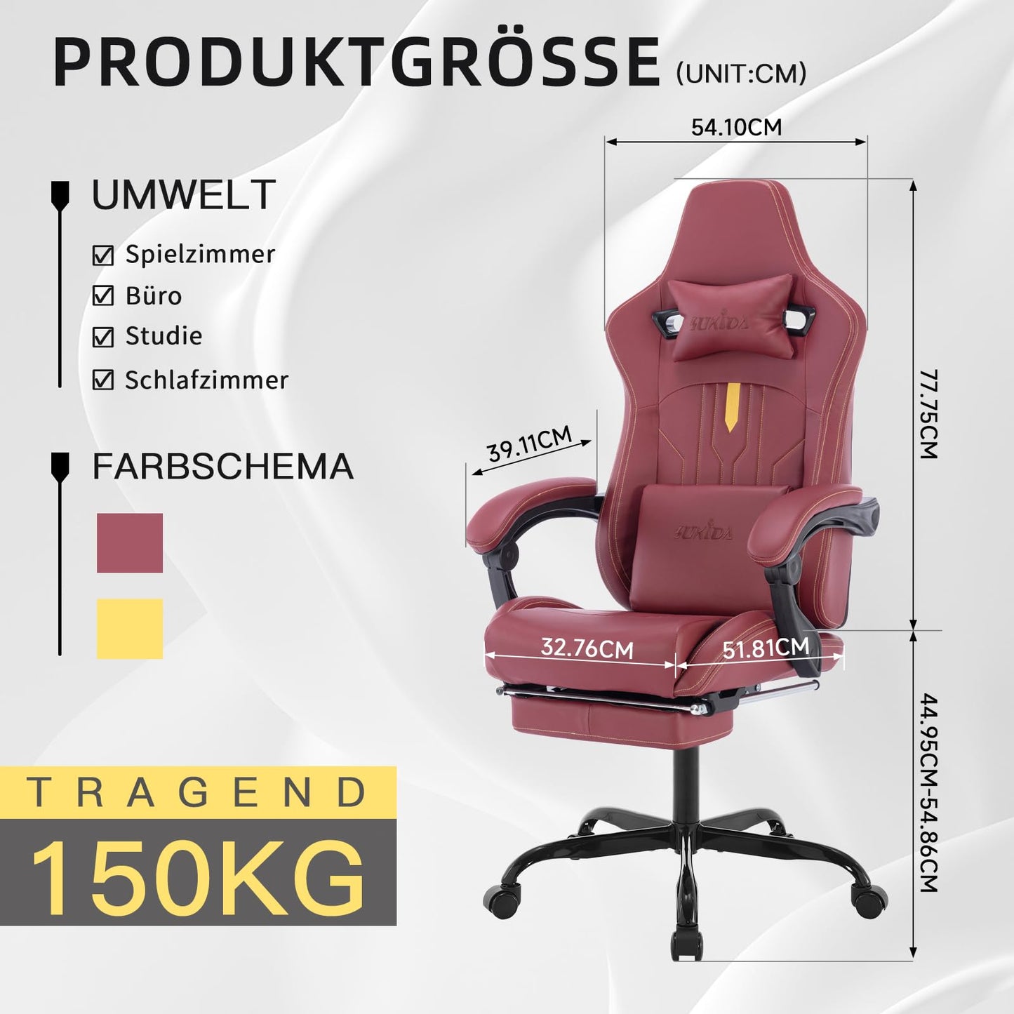 SUKIDA Gaming Stuhl Computerstuhl Ergonomischer Gaming Chair mit Fußstütze Bürostuhl Ergonomischer Computerstuhl mit Lendenwirbelstütze Schwarz