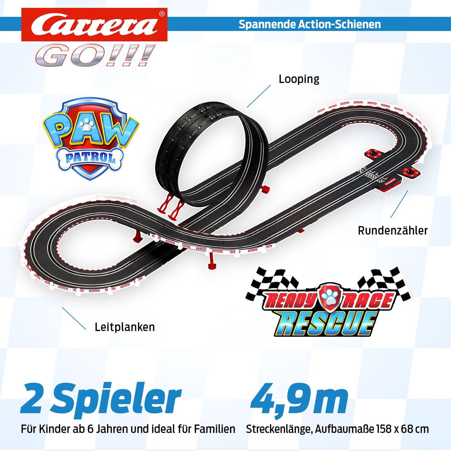 Carrera GO!!! PAW Patrol - Ready Race Rescue Set |2 Slotcars inkl. 2 Handregler mit Turbo-Knopf | Inklusive Chase und Marshall | 4,9 m Streckenlänge mit Looping und Rundenzähler | Maßstab 1:43