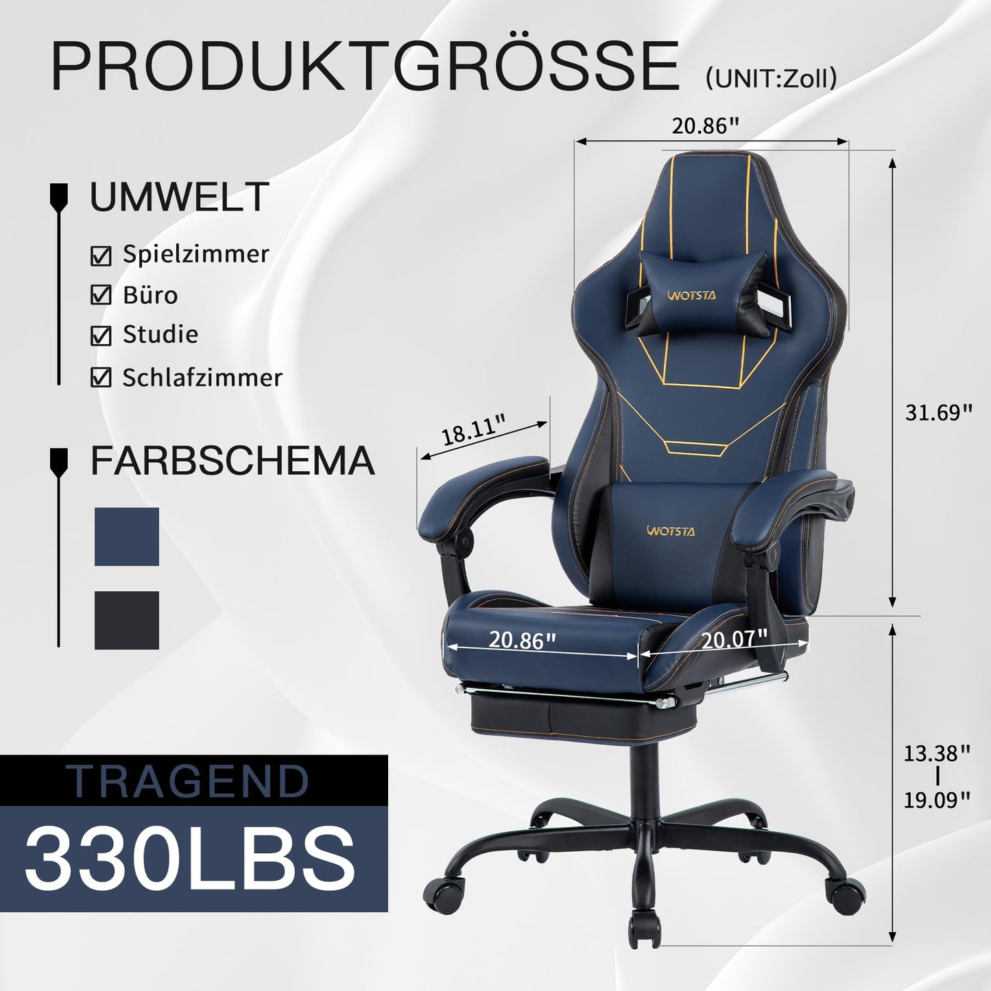 WOTSTA Gaming Chair Ergonomic Gaming Chair Office Chair with Footrest Racing Computer Chair Height Adjustable Padded Computer Chair Lumbar Support Blue