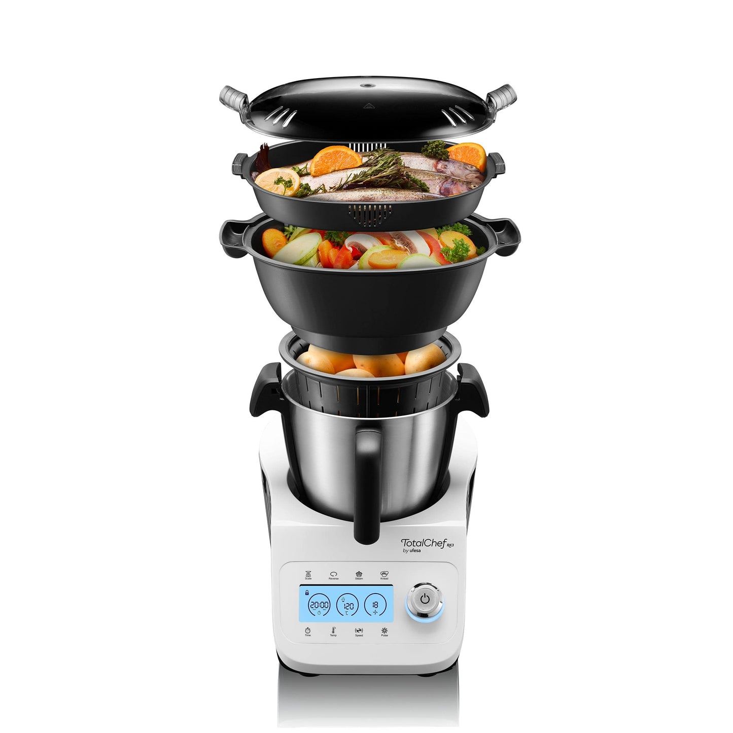 Ufesa TotalChef RK7 Küchenmaschine mit WLAN, Multifunktions Küchenroboter mit Kochfunktion, Kochroboter 30 Funktionen, 4.5L, 7-Zoll-Touchscreen, Interaktives Rezeptbuch, Silber / Weiss