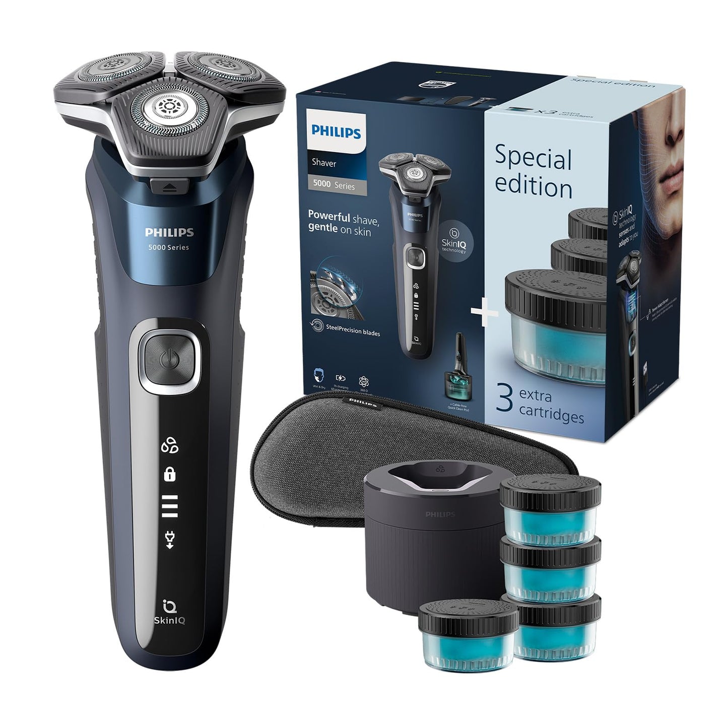Philips Shaver Series 5000 – Elektrischer Nass- und Trockenrasierer für Herren mit ausklappbarem Trimmer, Reinigungsstation, Reinigungskartusche & Reiseetui (Modell S5898/50)