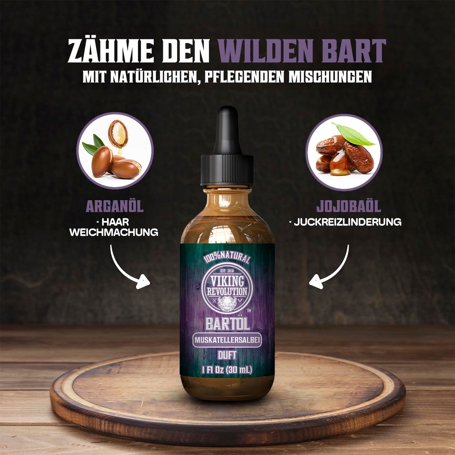 Viking Revolution - Bartöl - Macht Weich, Schützt und Stärkt - Natürliches Argan- und Jojobaöl - Bartöl Herren - Geschenke Für Männer - Sandelholz - 30 ml