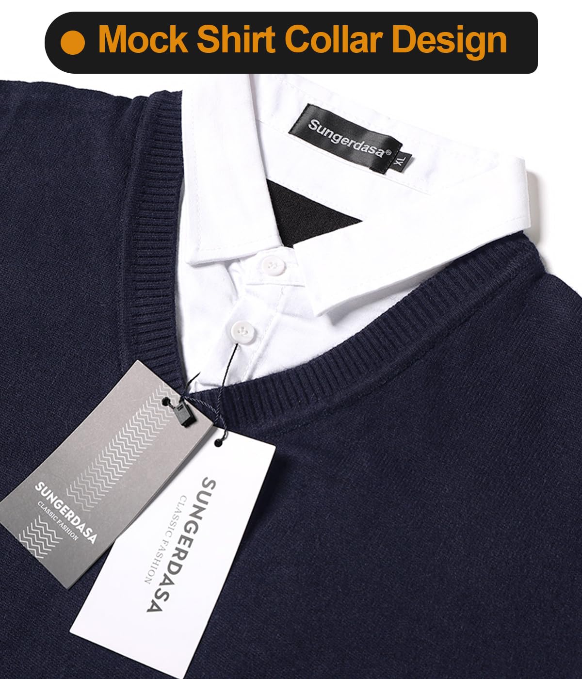Sungerdasa Men’s 2-in-1 Mock Shirt Collar Sweater – Fine Knit Pullover