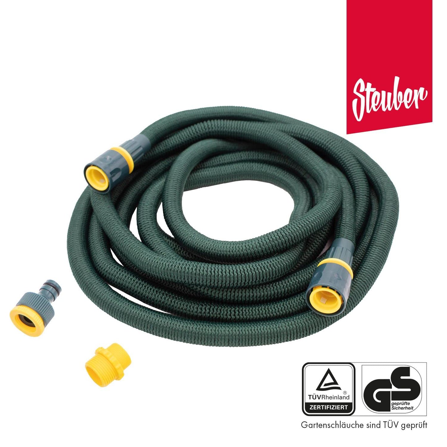 Steuber Flexibler Gartenschlauch Platinum GREEN mit 8 Sprühkopf-Funktionen, 8,3m, TÜV Süd Siegel, mit Innen- & Außenadapter
