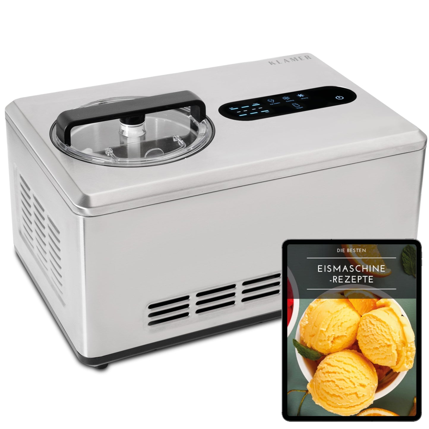 KLAMER 2-in-1 Ice Cream Maker & Yoghurt Maker 2 L, 180 W Stainless Steel Ice Cream Machine with Cooling and Heating Function, Homemade Ice Cream with Self-Cooling Compressor