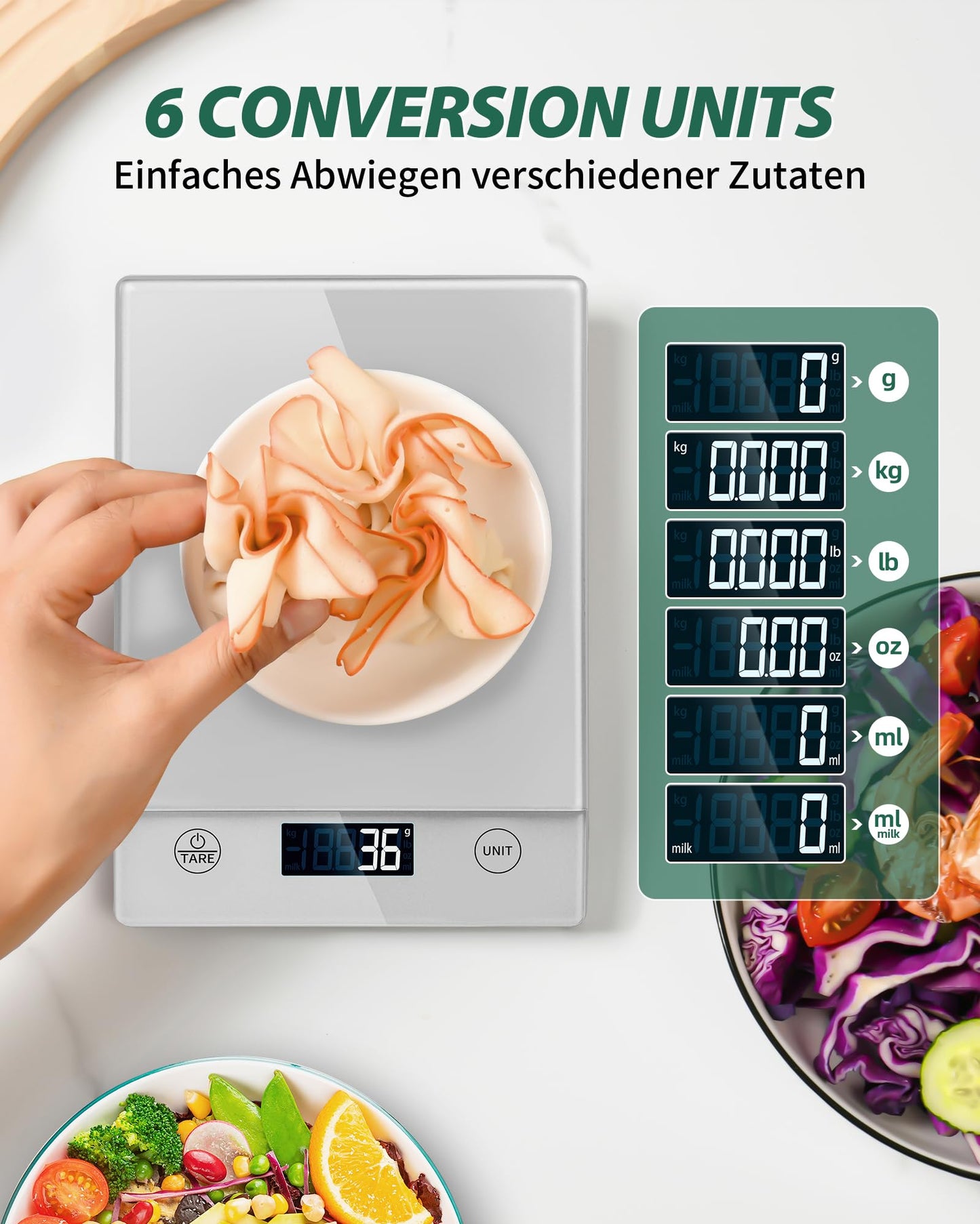 Küchenwaage Digital,Küchenwaage Geneigtes Display,Waage Küchenwaage 10KG,Hochpräzise 1g Digitale Küchenwaage mit Tara-Funktion,Schwarz Glas Lebensmittelwaage Wasserdicht,Touchscreen inkl. Batterien