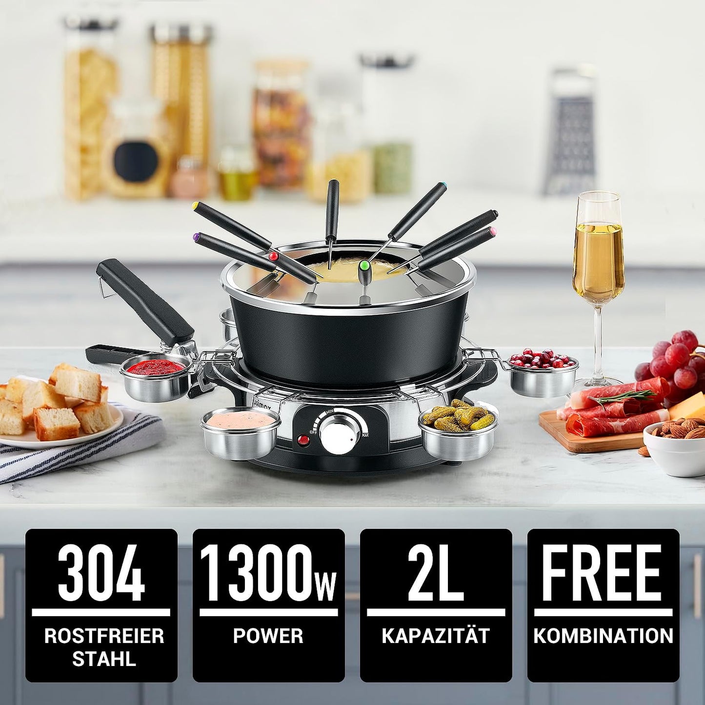 CUSIMAX Elektrisches Fondue-Set mit 1300W Leistungsregelung für Käse, Schokolade, Öl und Brühe, 2L Antihaft-Elektro-Fondue-Topf mit 8 Gabeln, 6 Tassen und abnehmbarem Anti-Verbrühungs-Griff